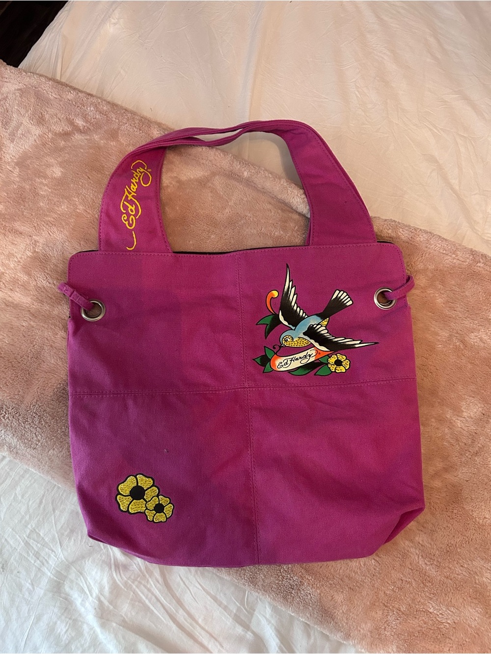 Ed Hardy Fuchsia Canvas Tote with Swallow & Floral Graphics